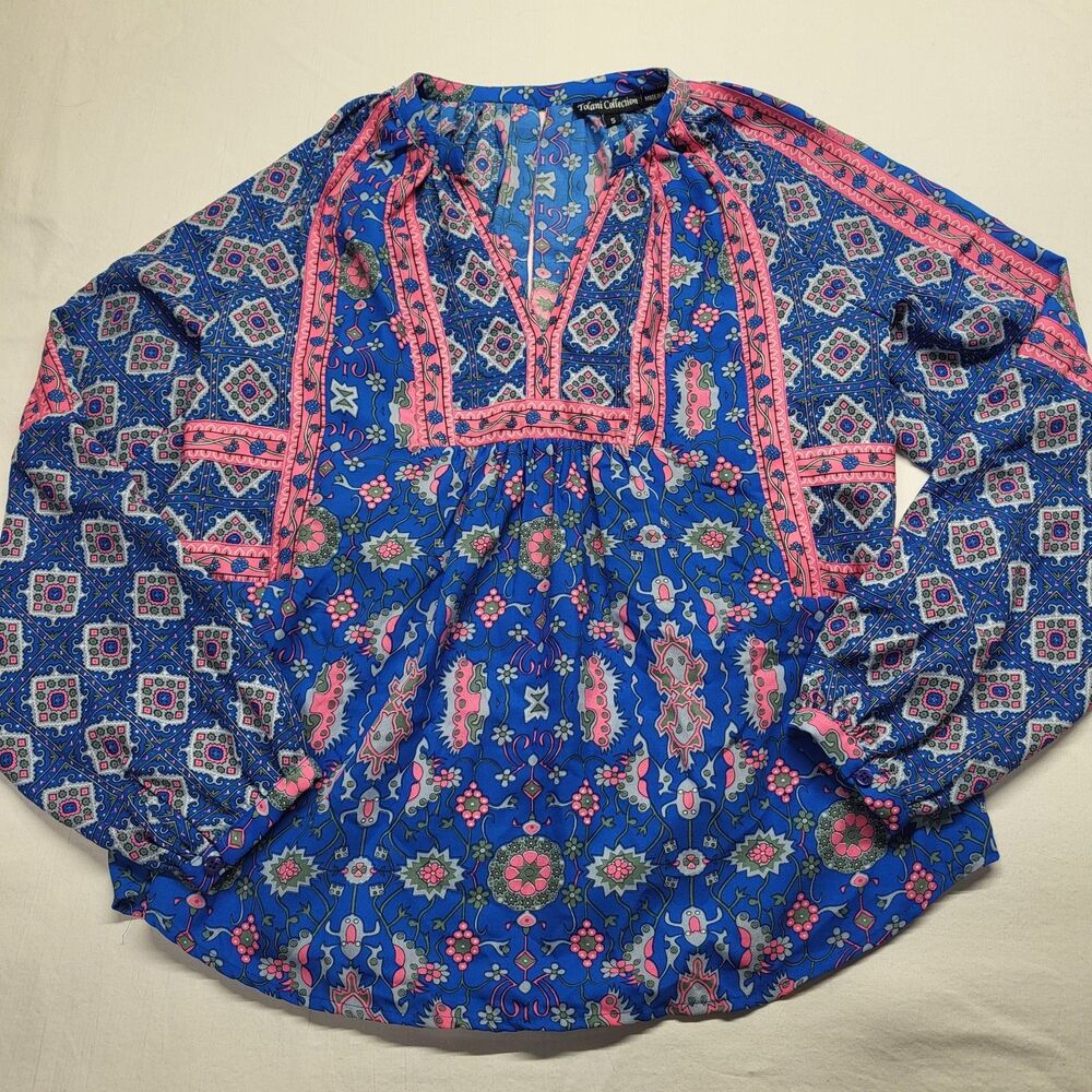 Tolani Collection Blouse Size Small Blue Pink Top Floral Artsy